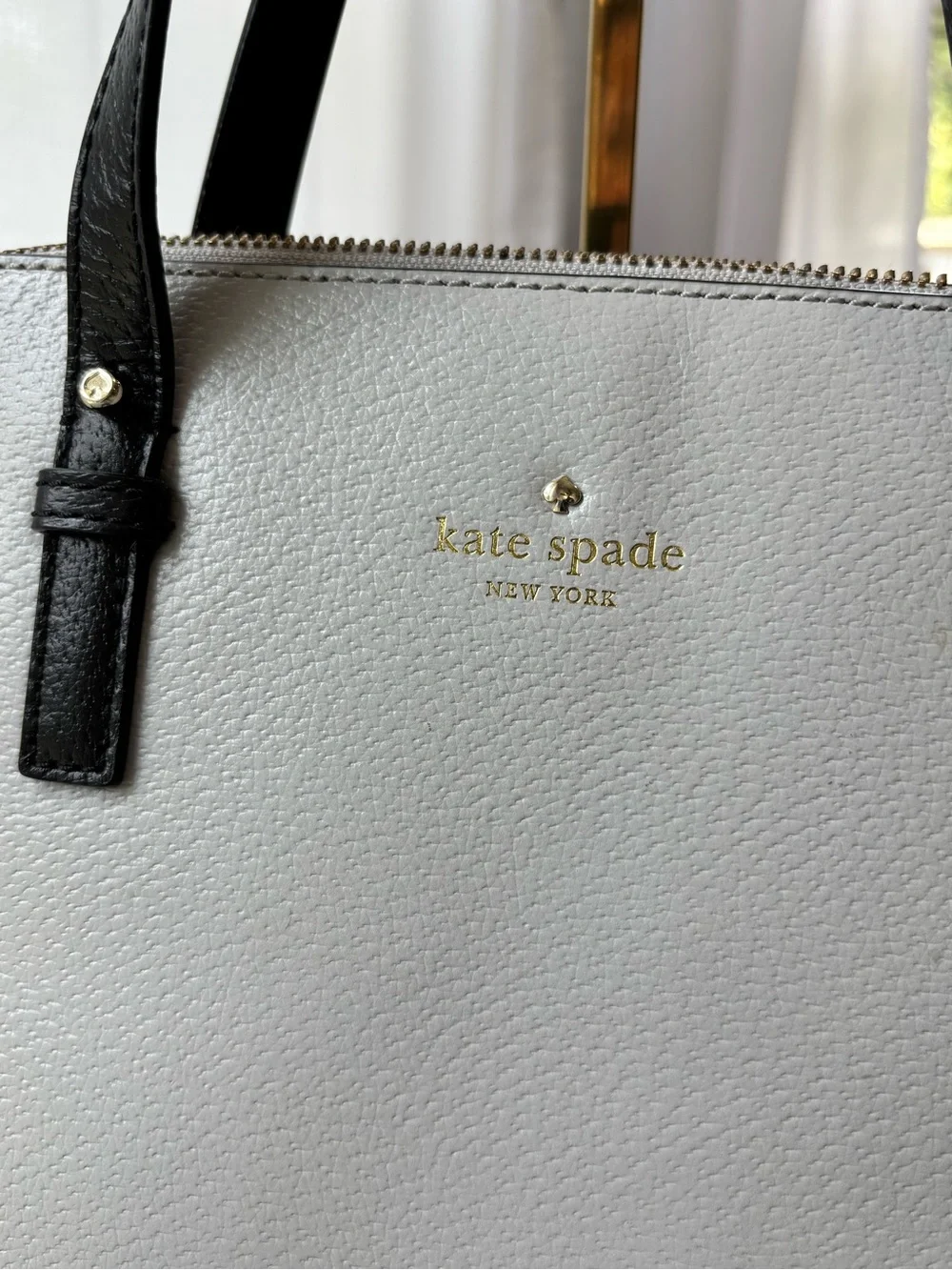 kate spade Black and Dove Gray Leather Dome Satchel with Removable Strap